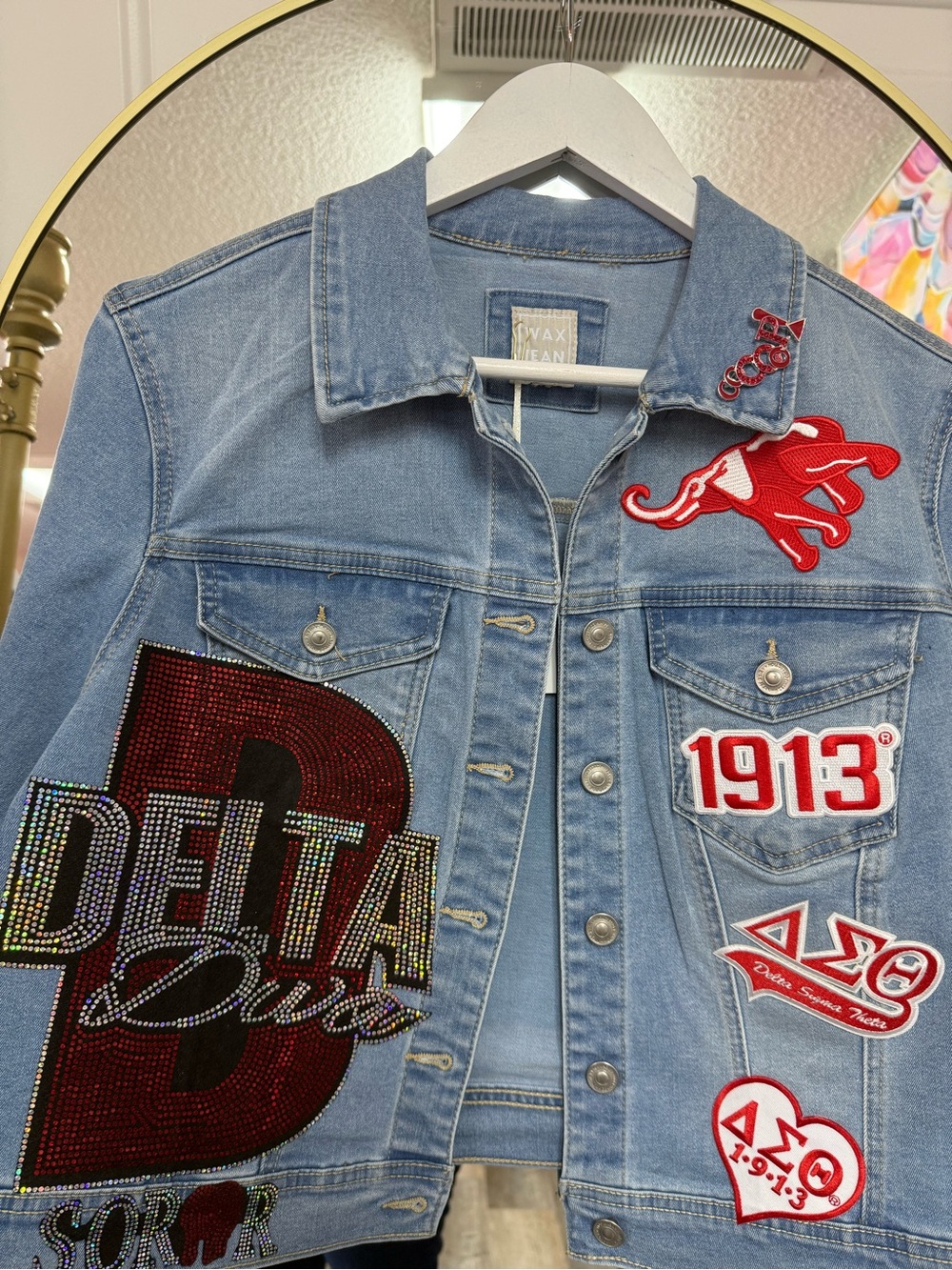 New Wax Jean Light Blue Denim Jacket with Red and Black Delta Patches